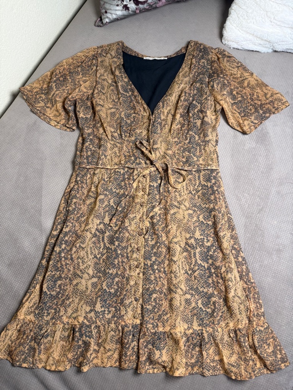 Abercrombie & Fitch Tan and Brown Snake-Print Wrap Mini Dress